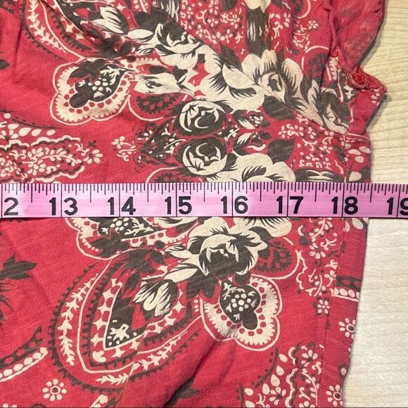 Mossimo women's M top red floral scoop neck with tie cap sleeve elastic bottom - Picture 3 of 6